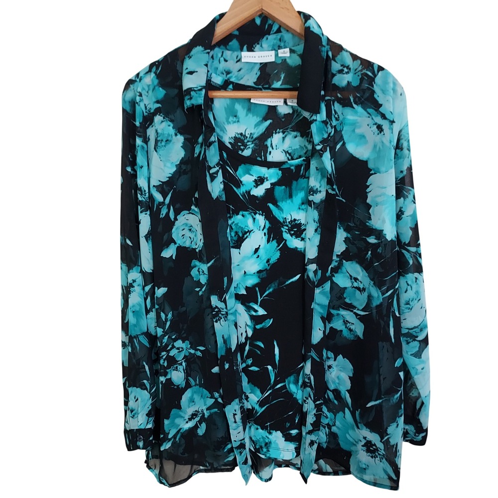 Susan Graver Womens 8 Floral Twin Set Teal Black Sheer Blouse Tank 2pc Top